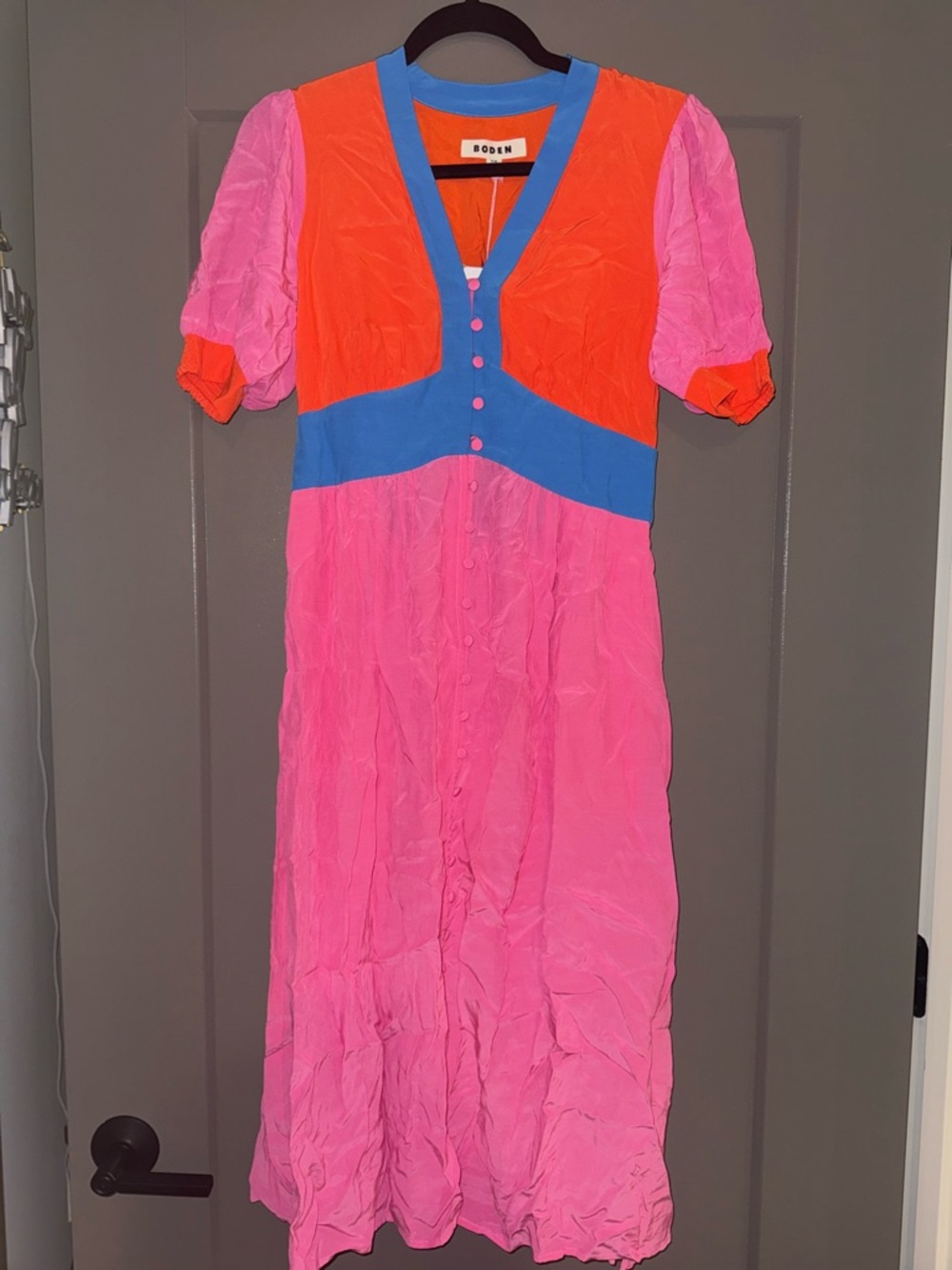 Boden Pink Button Up Midi Dress with Puff Sleeves - Picture 2 of 6
